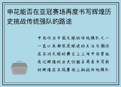申花能否在亚冠赛场再度书写辉煌历史挑战传统强队的路途