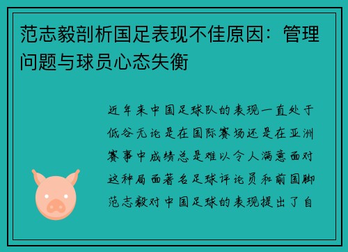 范志毅剖析国足表现不佳原因：管理问题与球员心态失衡