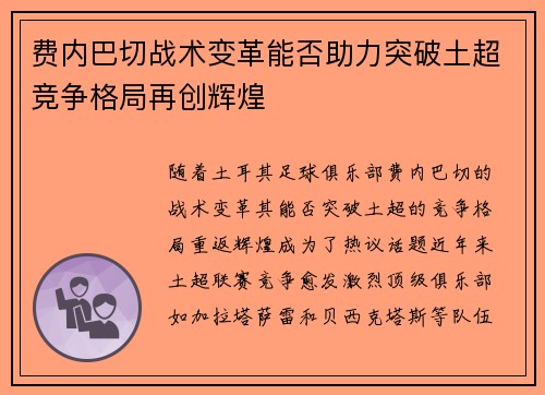 费内巴切战术变革能否助力突破土超竞争格局再创辉煌
